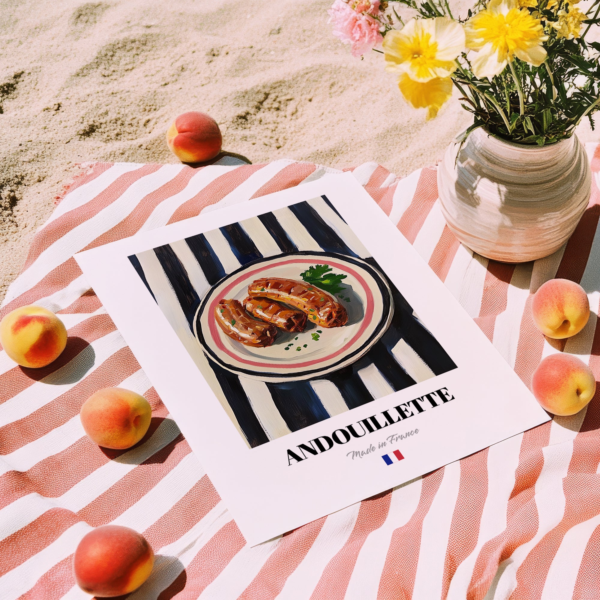 Andouillette – on Striped Tablecloth, French Food Wall Decor, unframed on coastal sand