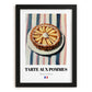Tarte aux Pommes – on Striped Tablecloth, French French Dessert Wall Decor, in sleek black frame