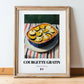 Courgette Gratin – on Striped Tablecloth, French Food Poster, in wooden frame leaning on the floor
