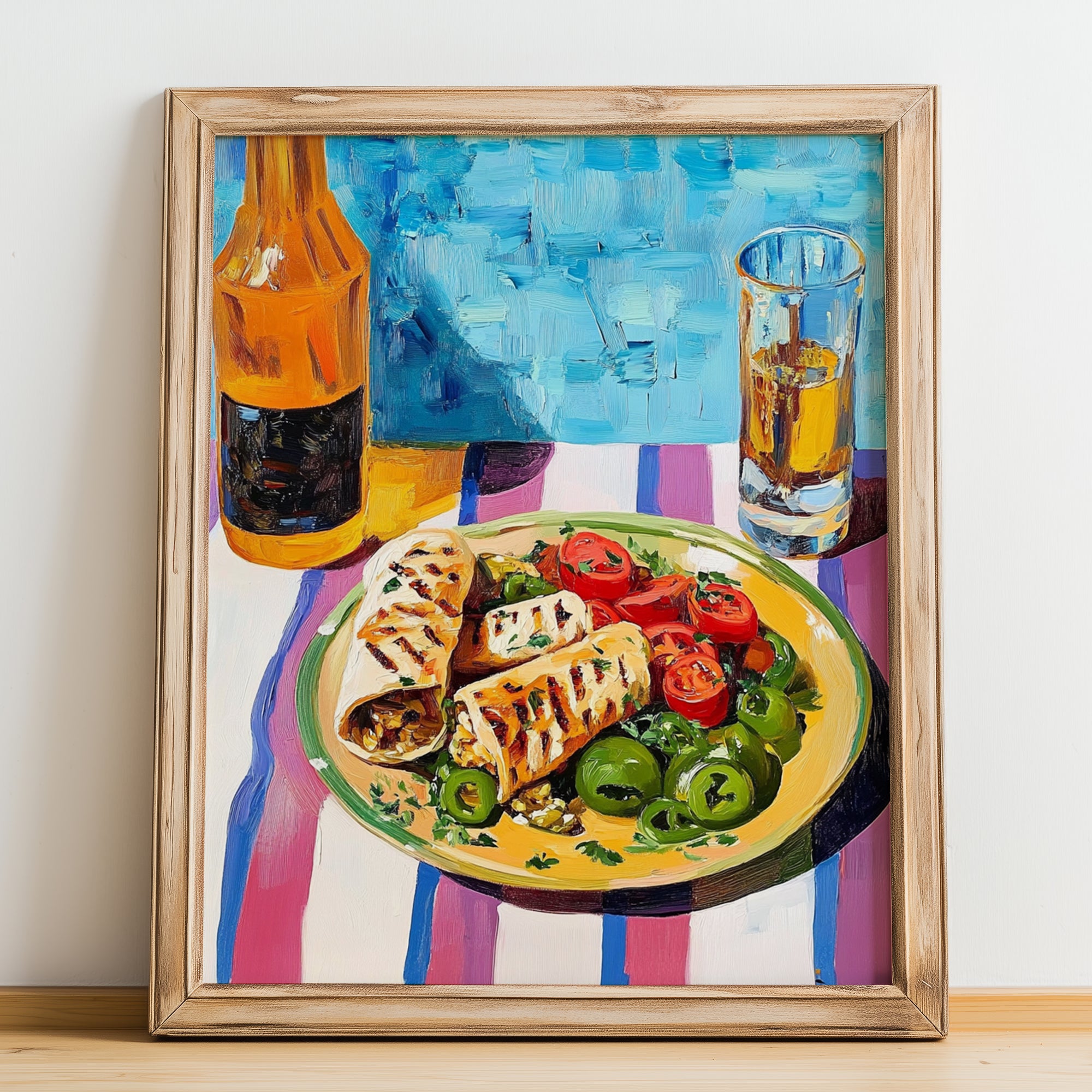 Gyros – Colorful Oil Painting, Greek Food Poster, no-text version framed in wood