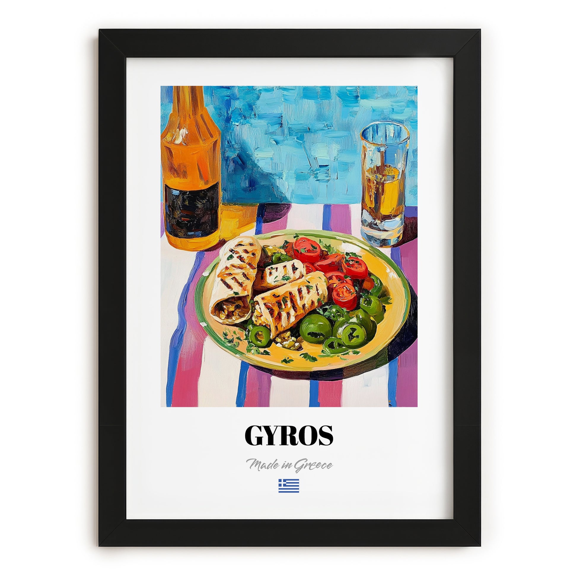 Gyros – Colorful Oil Painting, Greek Food Poster, in sleek black frame
