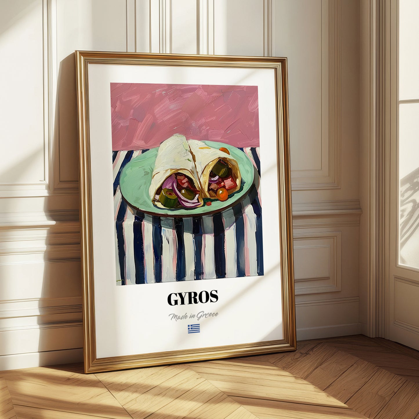 Gyros – on Striped Tablecloth, Greek Food Painting