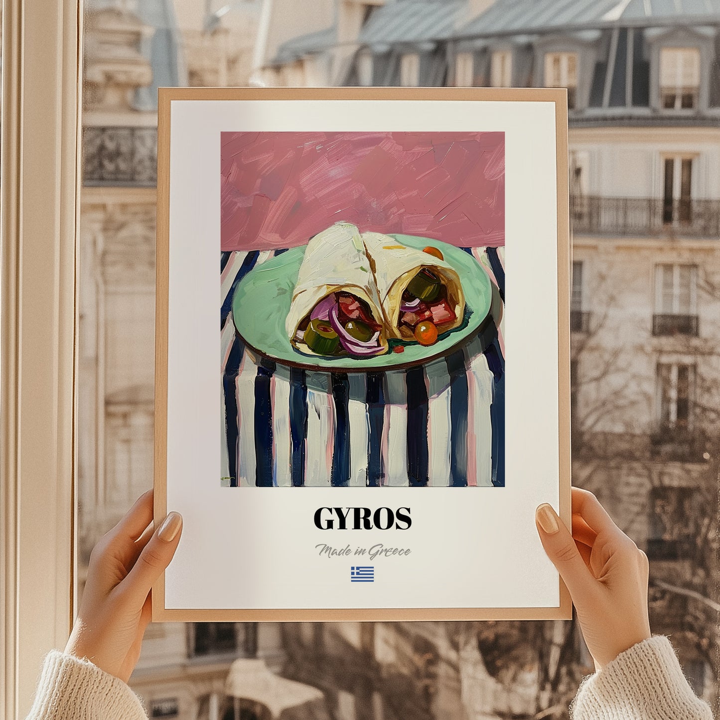 Gyros – on Striped Tablecloth, Greek Food Painting, styled in a charming Paris street view