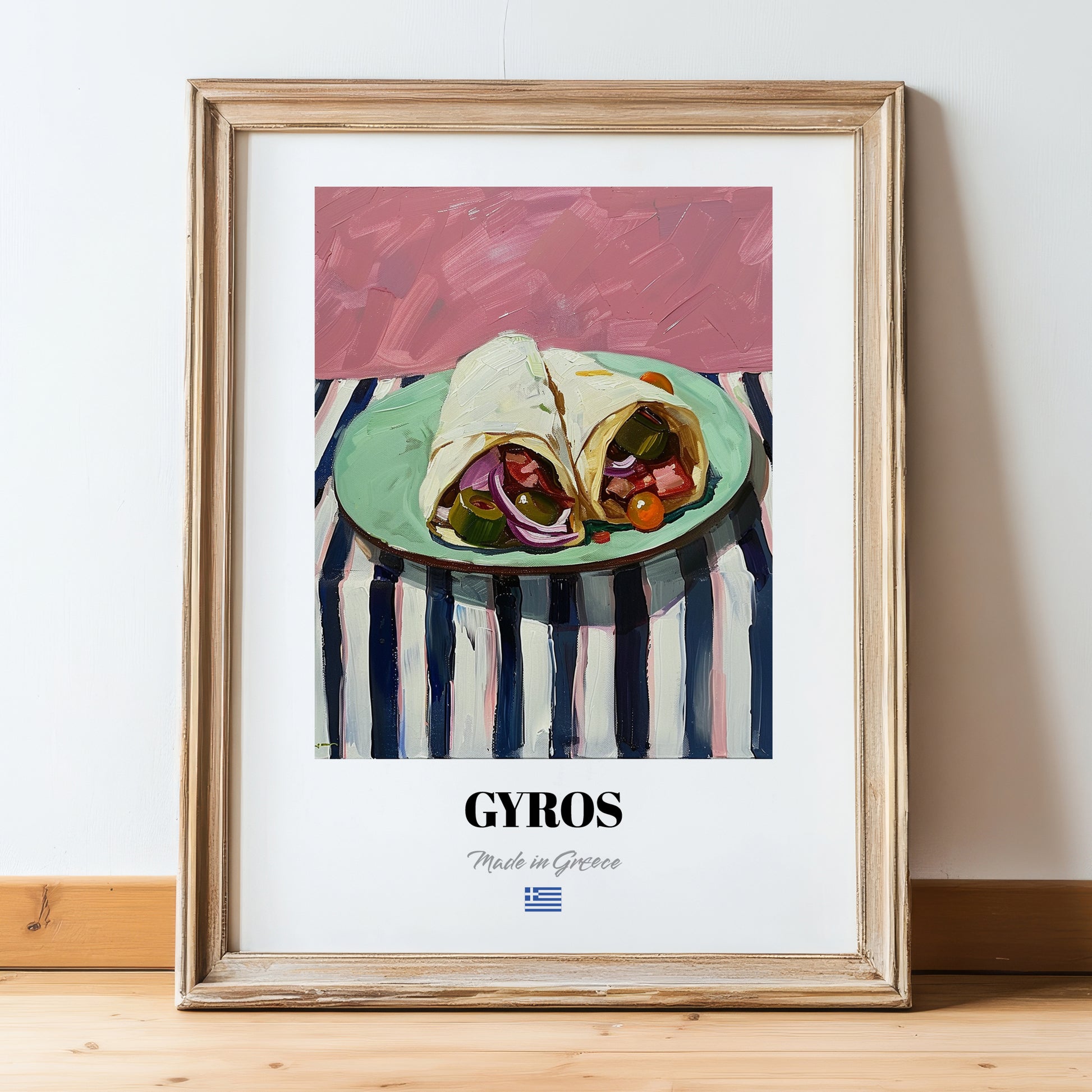 Gyros – on Striped Tablecloth, Greek Food Painting, in wooden frame leaning on the floor