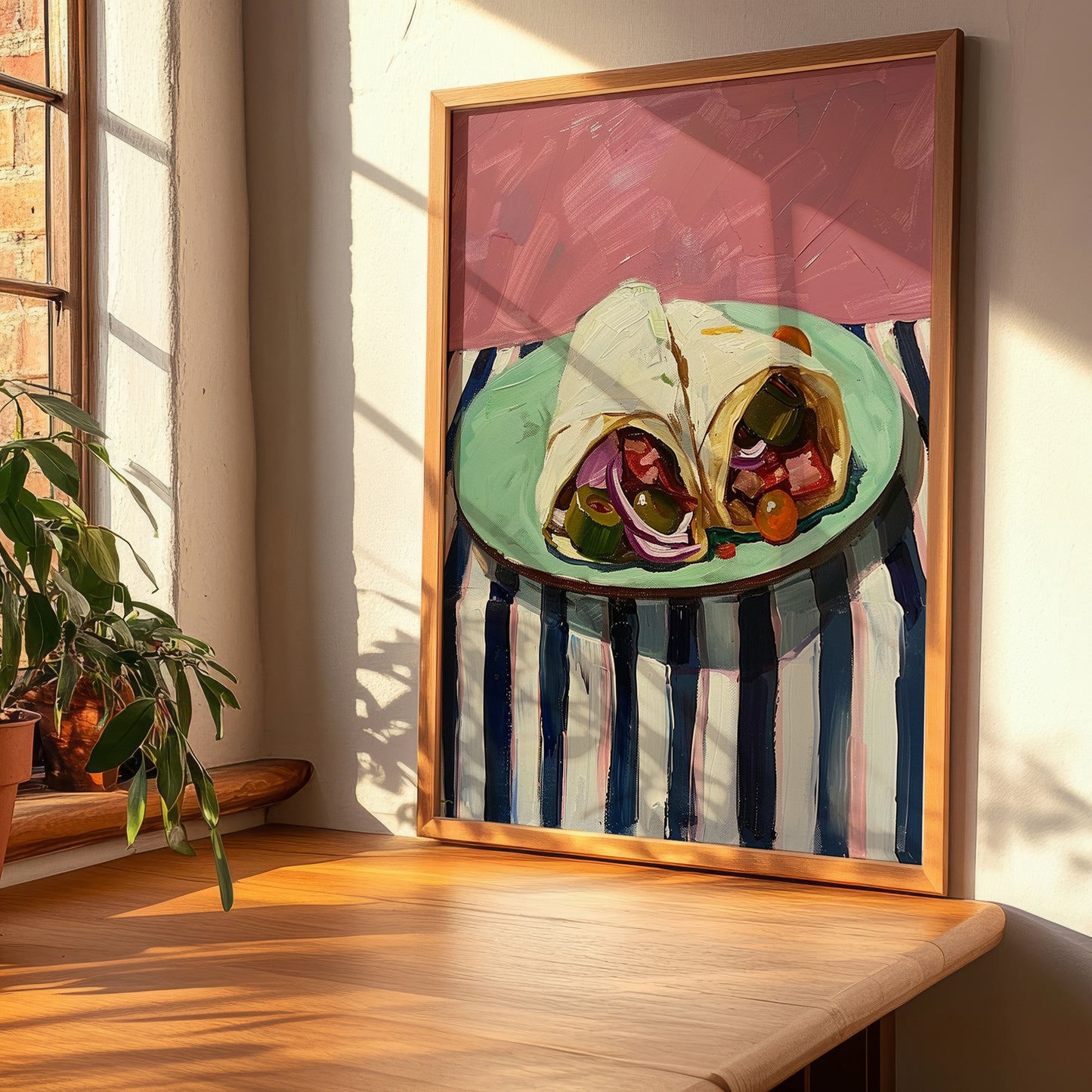 Gyros – on Striped Tablecloth, Greek Food Painting, clean layout with no caption