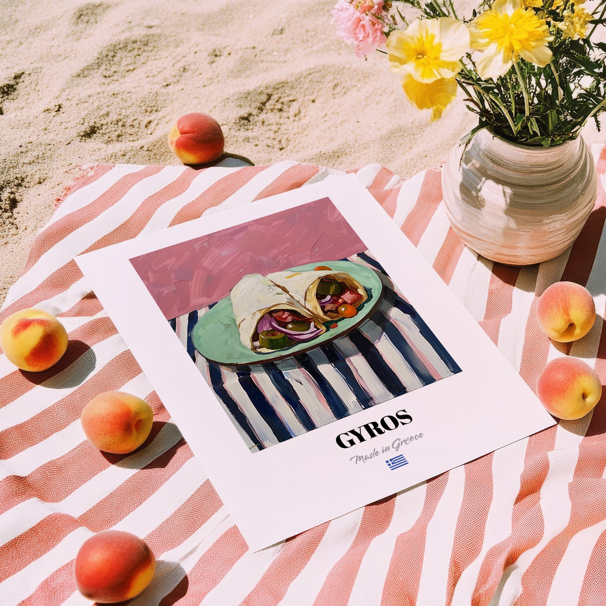 Gyros – on Striped Tablecloth, Greek Food Painting, unframed on coastal sand