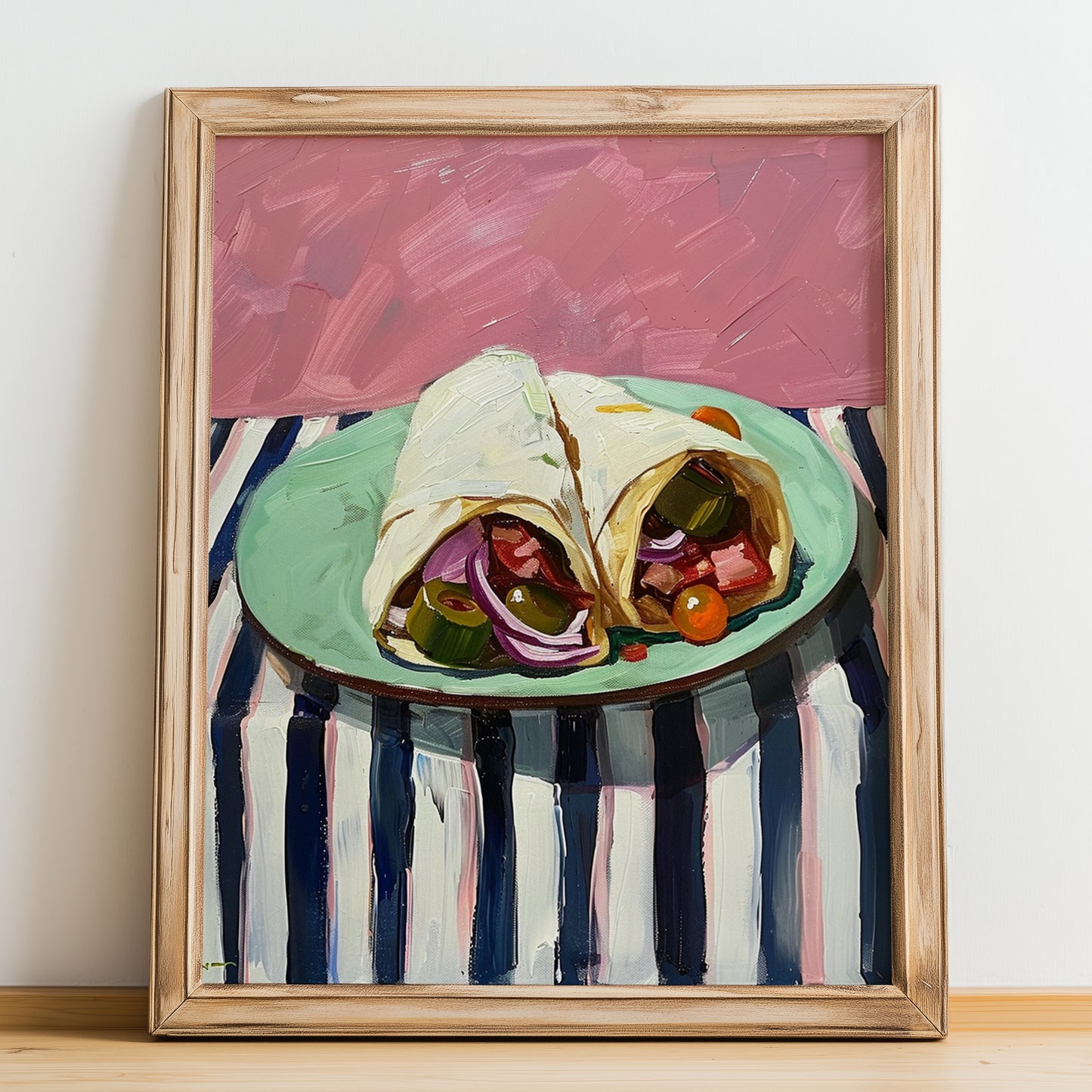 Gyros – on Striped Tablecloth, Greek Food Painting, no-text version framed in wood