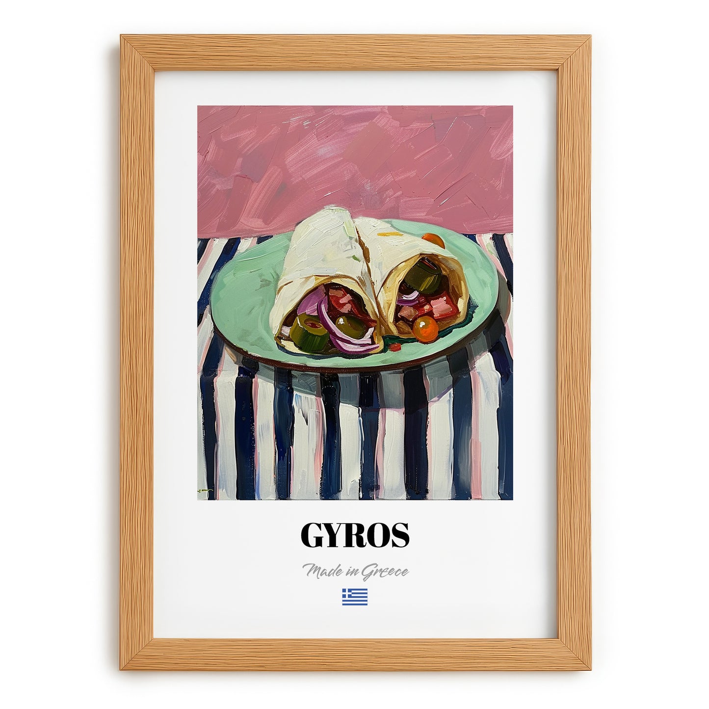 Gyros – on Striped Tablecloth, Greek Food Painting, set in oak frame