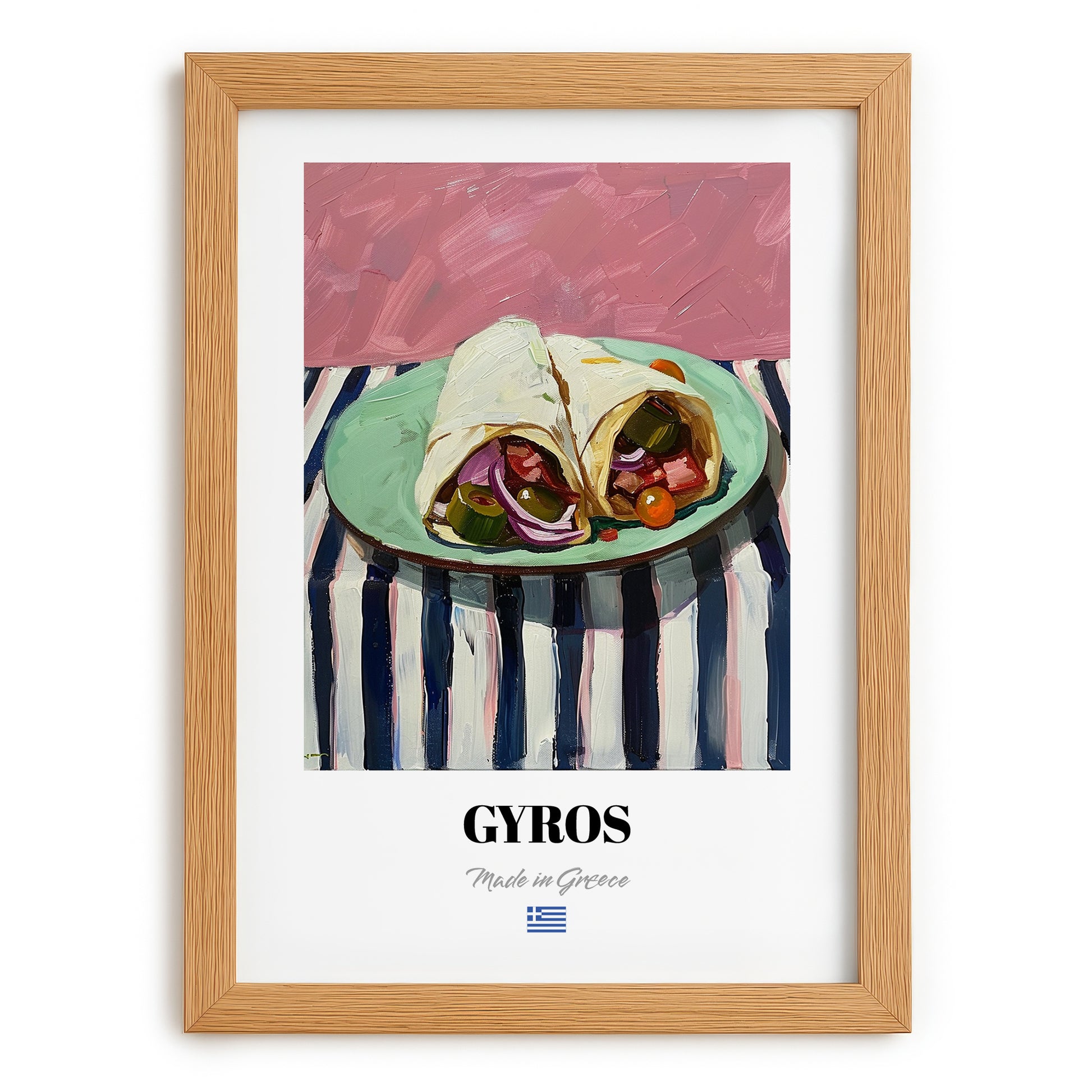 Gyros – on Striped Tablecloth, Greek Food Painting, set in oak frame