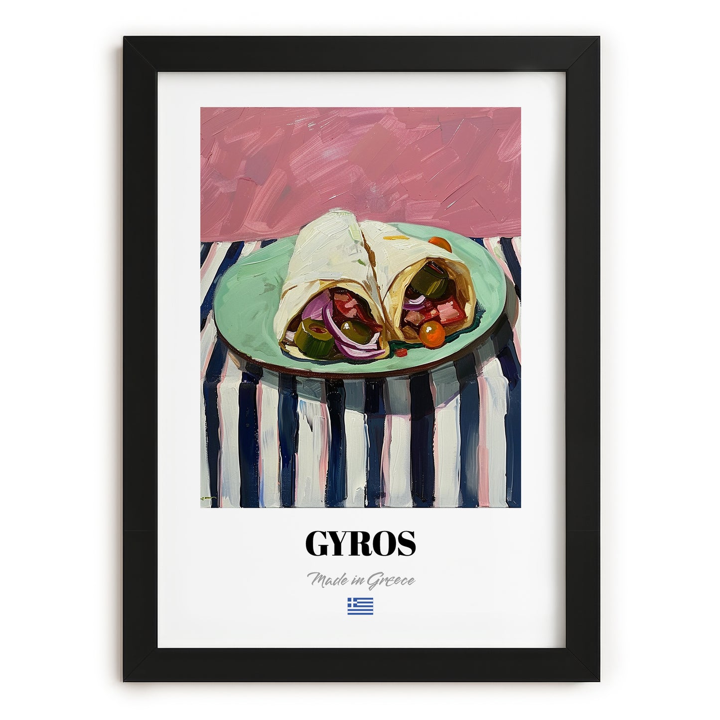 Gyros – on Striped Tablecloth, Greek Food Painting, in sleek black frame
