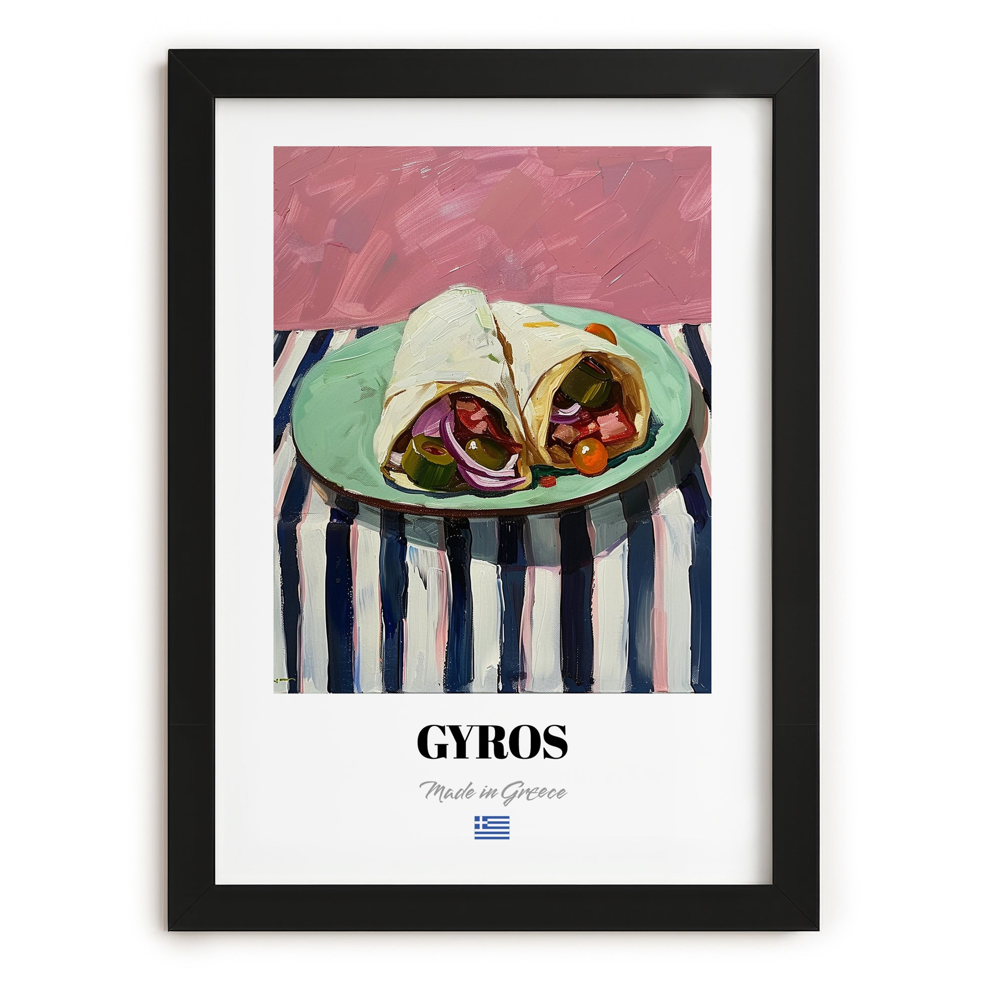 Gyros – on Striped Tablecloth, Greek Food Painting, in sleek black frame