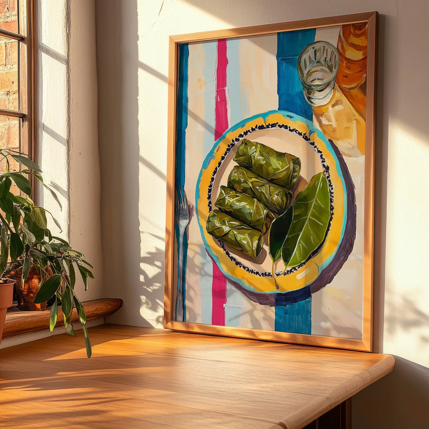 Dolmades – on Striped Tablecloth, Greek Food Illustration, clean layout with no caption