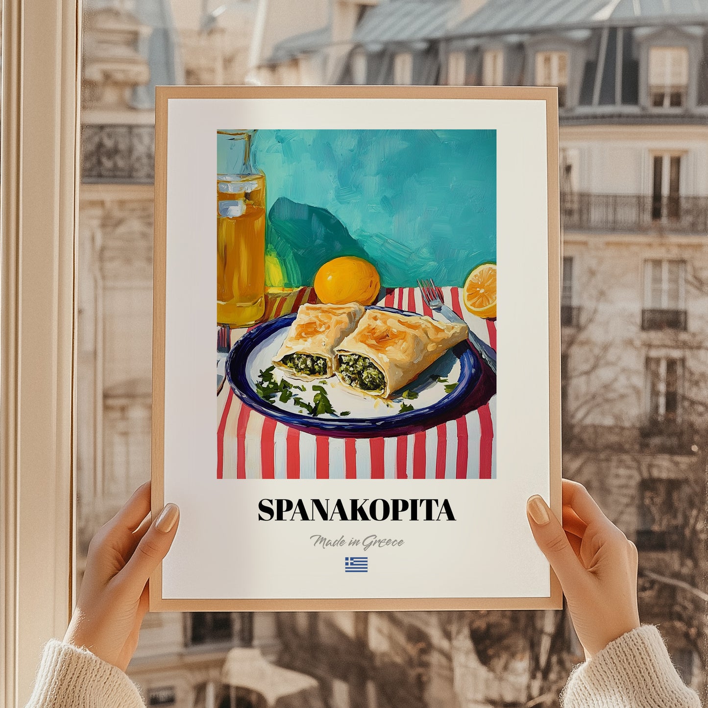 Spanakopita – Oil Painting, Greek Pastry Wall Decor, styled in a charming Paris street view