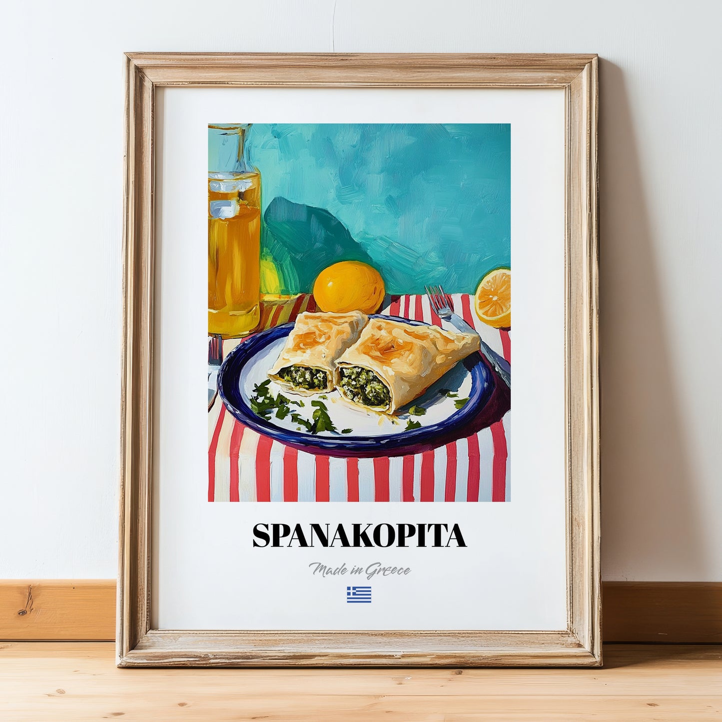 Spanakopita – Oil Painting, Greek Pastry Wall Decor, in wooden frame leaning on the floor