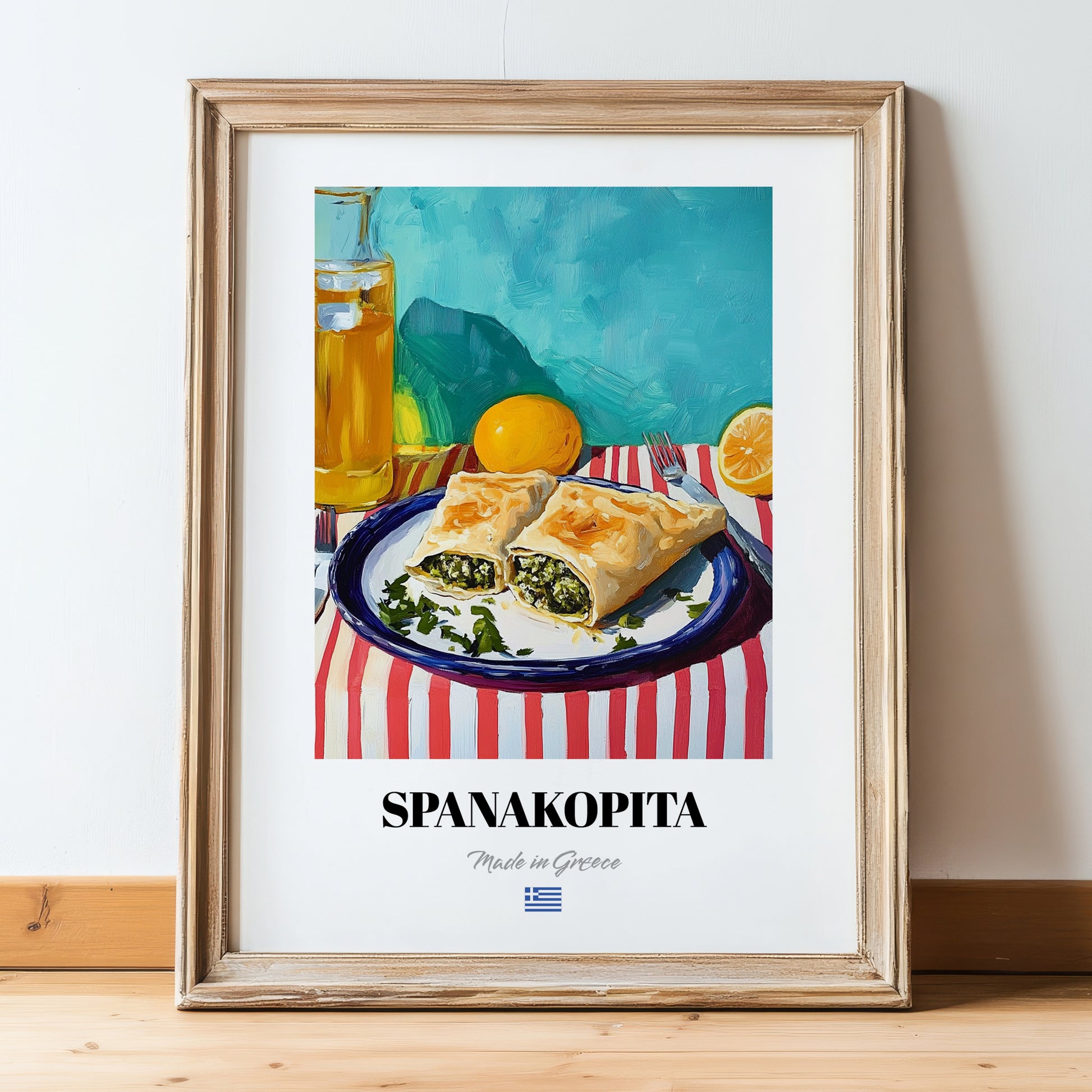 Spanakopita – Oil Painting, Greek Pastry Wall Decor, in wooden frame leaning on the floor