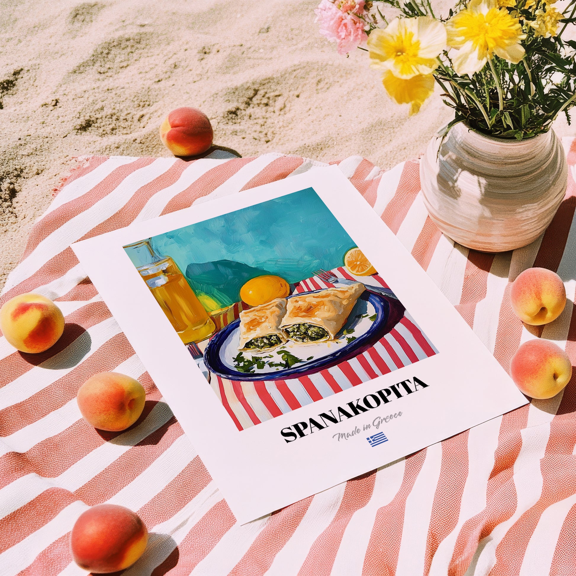 Spanakopita – Oil Painting, Greek Pastry Wall Decor, unframed on coastal sand