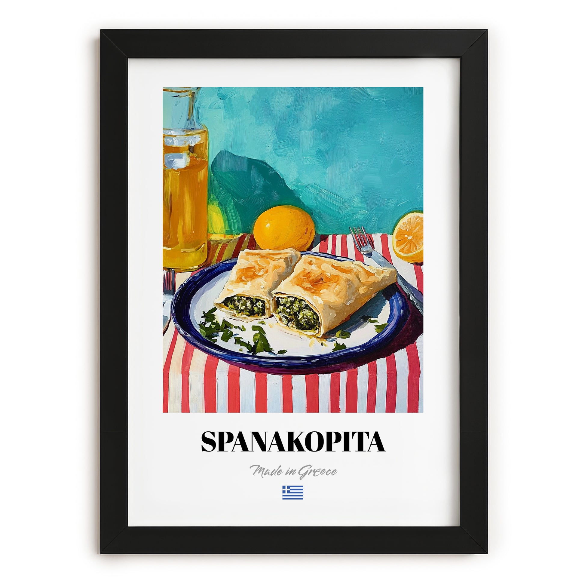 Spanakopita – Oil Painting, Greek Pastry Wall Decor, in sleek black frame