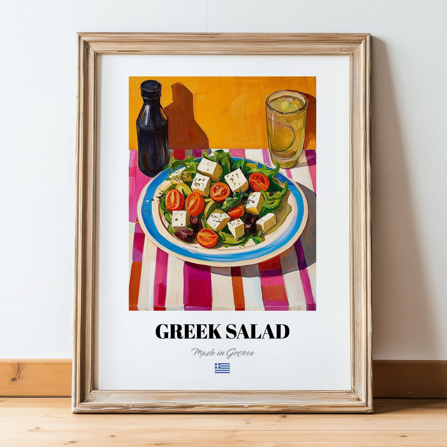 Greek Salad – Art, Greek Food Painting, in wooden frame leaning on the floor