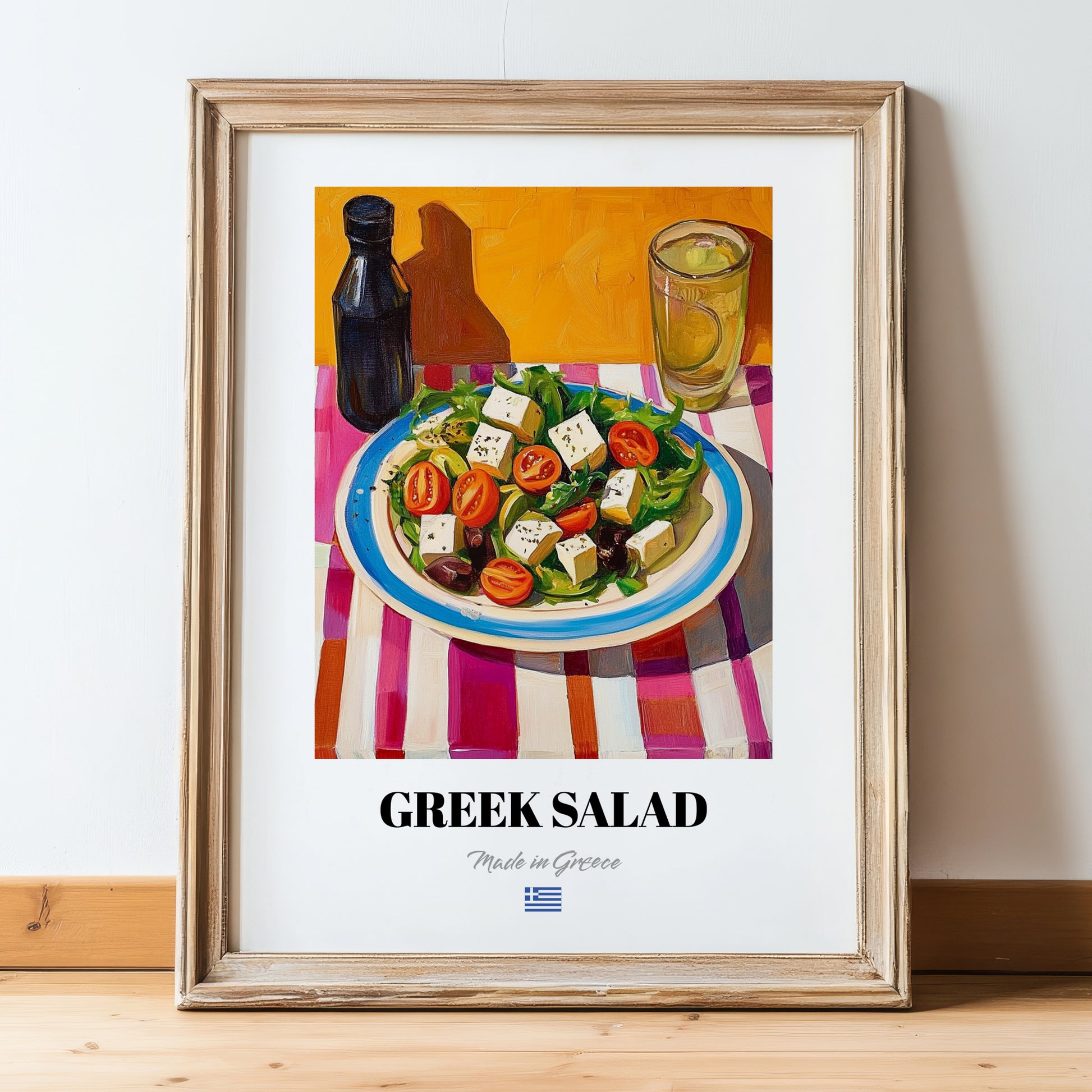 Greek Salad – Art, Greek Food Painting, in wooden frame leaning on the floor