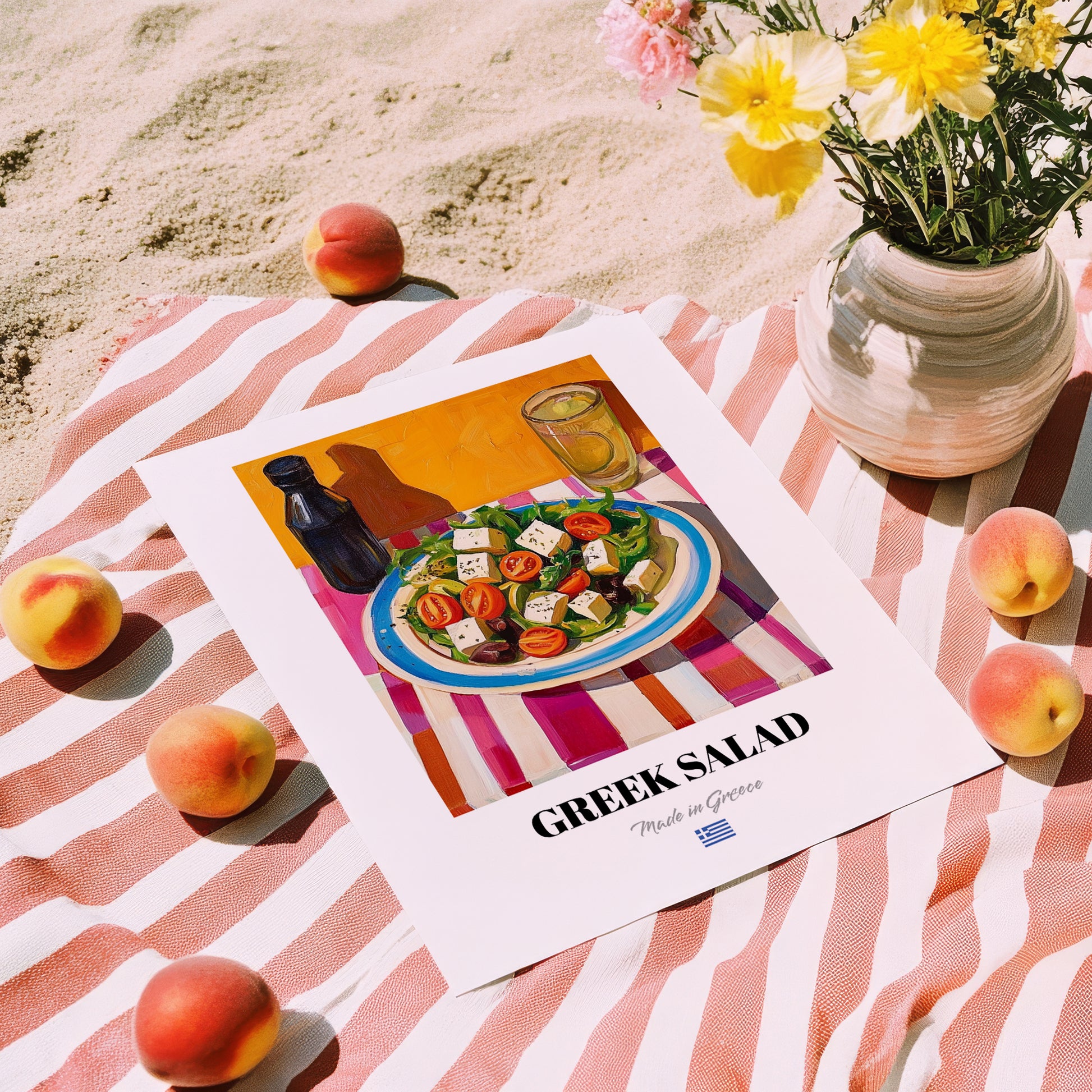 Greek Salad – Art, Greek Food Painting, unframed on coastal sand