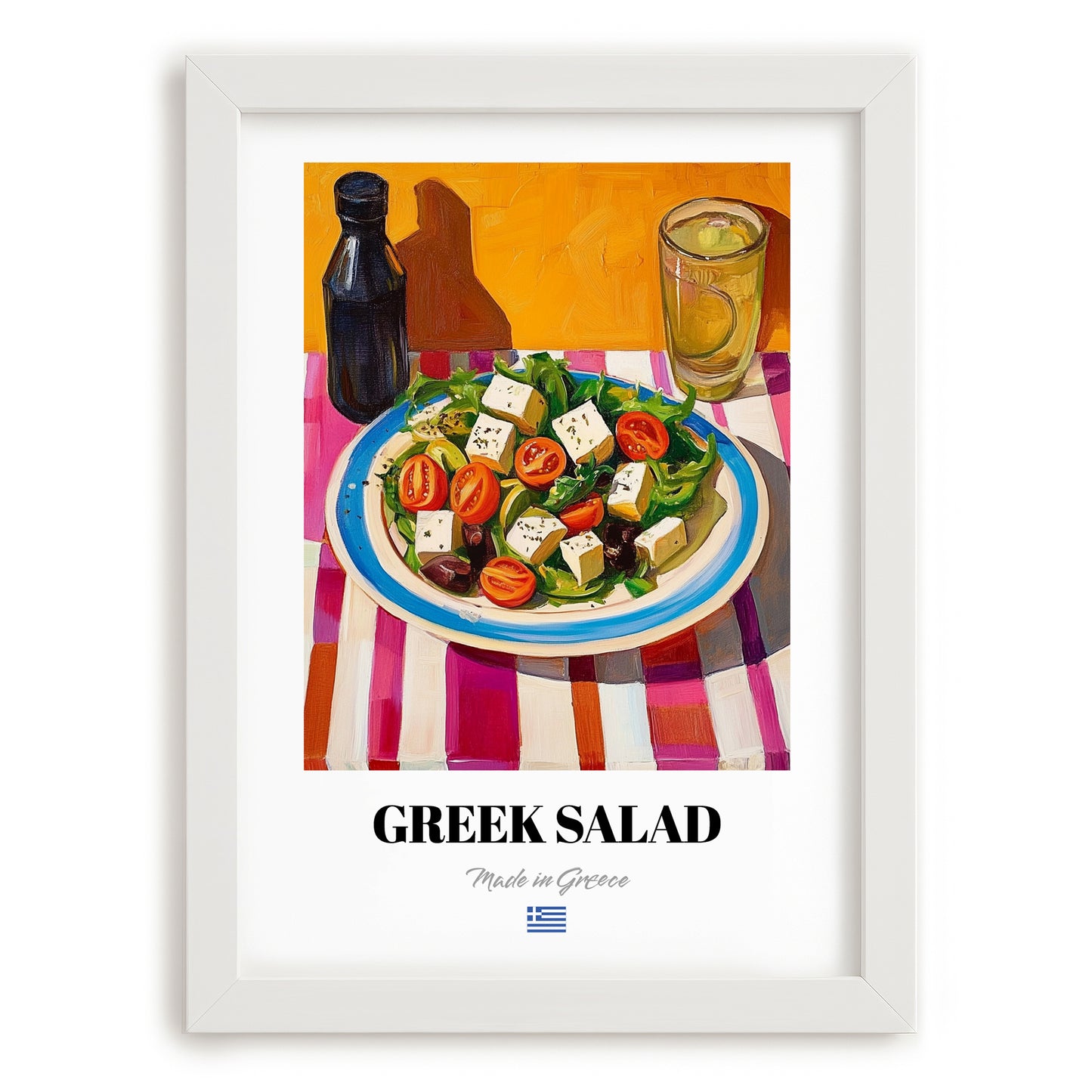 Greek Salad – Art, Greek Food Painting, placed in minimal white frame