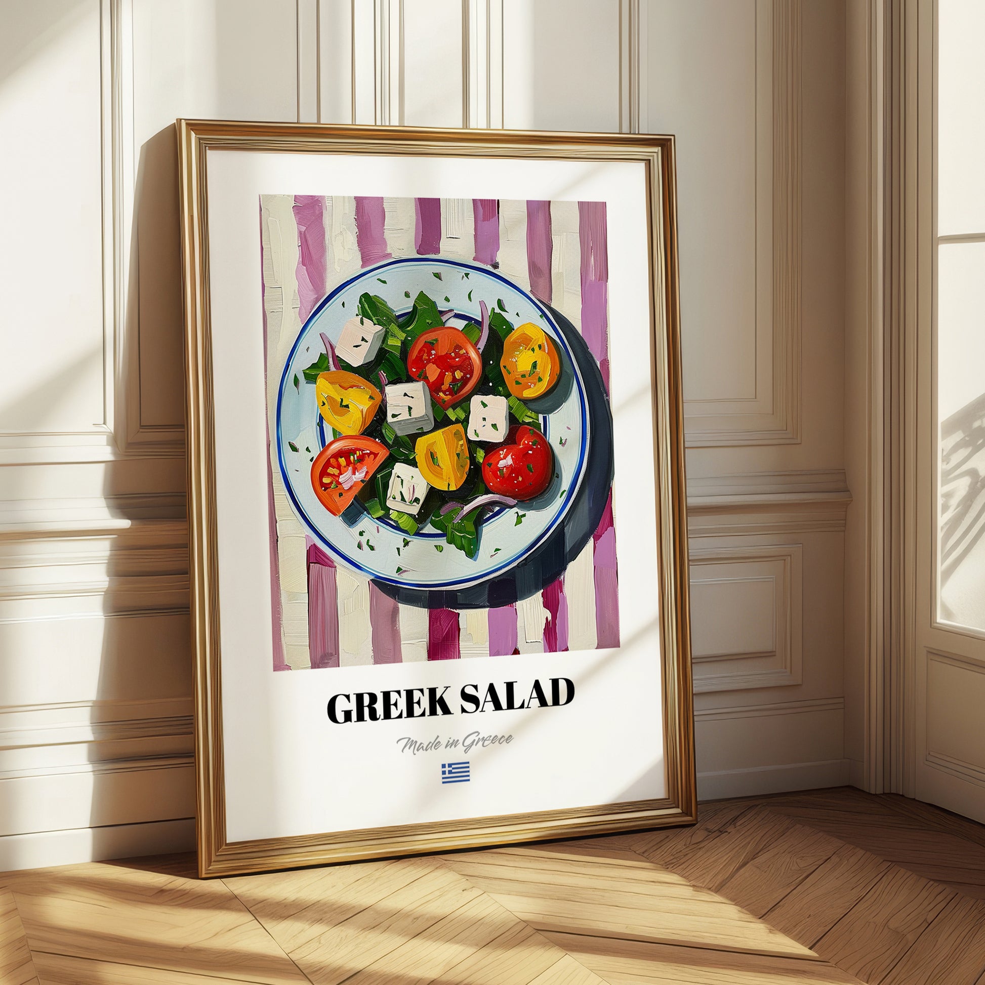 Greek Salad – on Striped Tablecloth, Greek Food Wall Decor