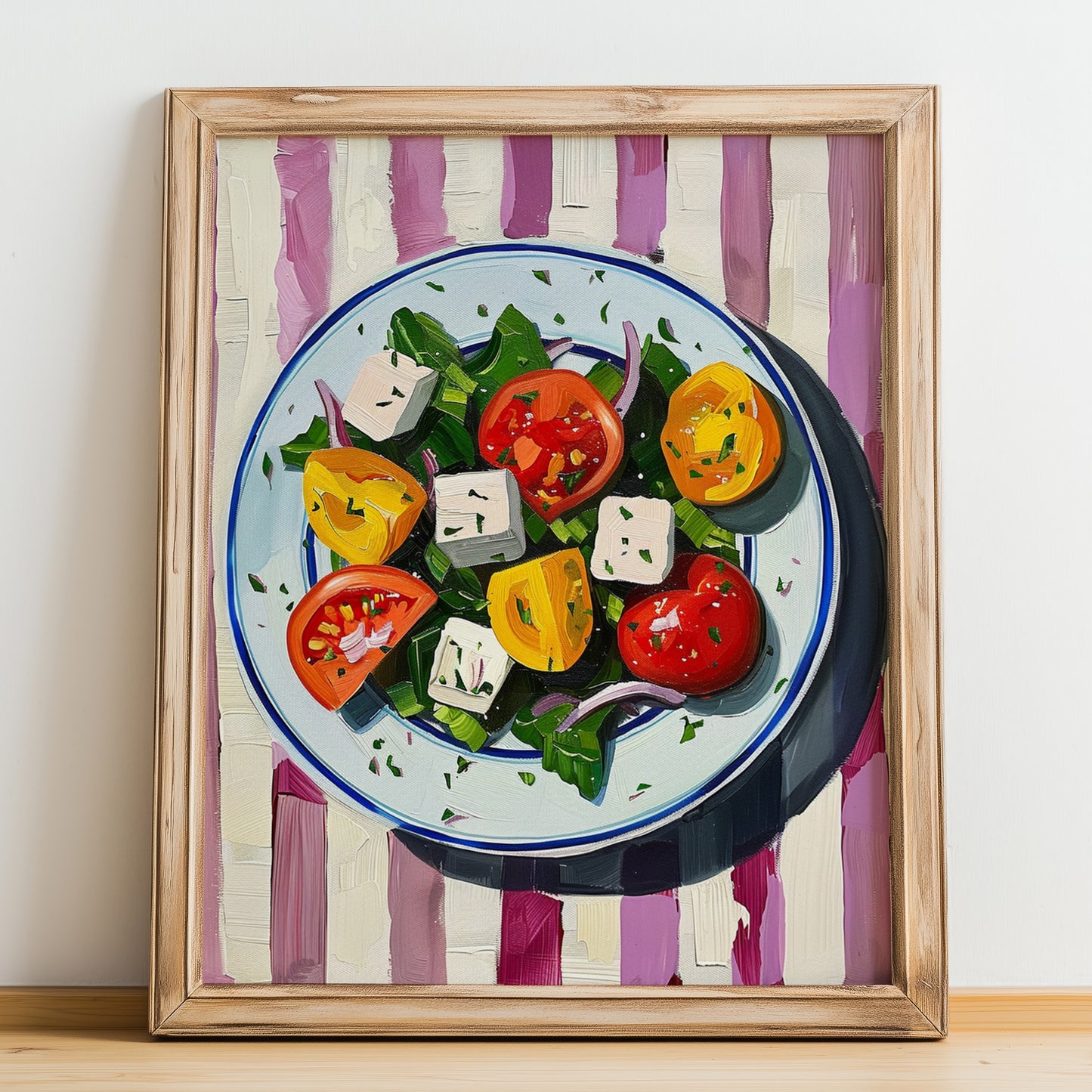 Greek Salad – on Striped Tablecloth, Greek Food Wall Decor, no-text version framed in wood