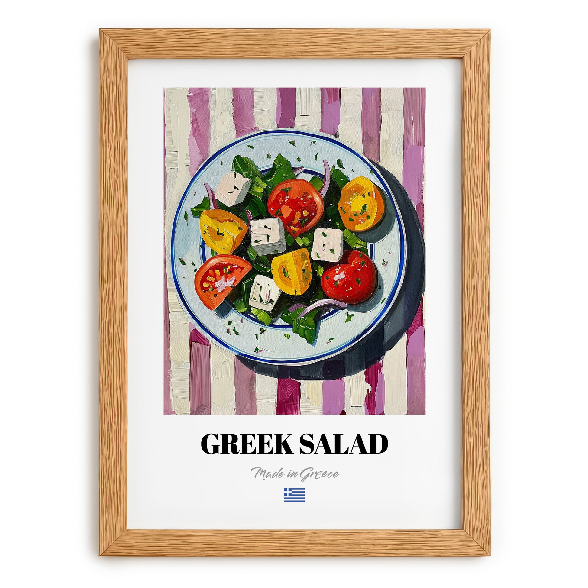 Greek Salad – on Striped Tablecloth, Greek Food Wall Decor, set in oak frame