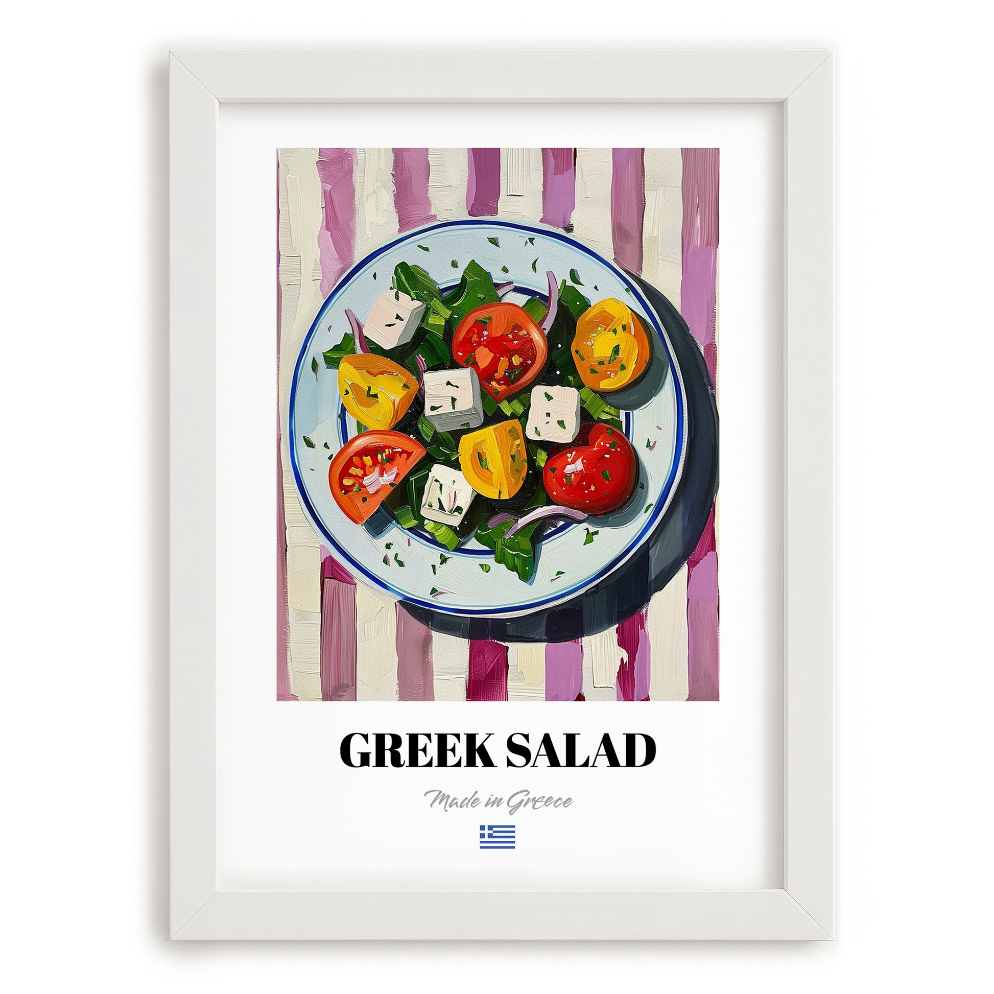 Greek Salad – on Striped Tablecloth, Greek Food Wall Decor, placed in minimal white frame