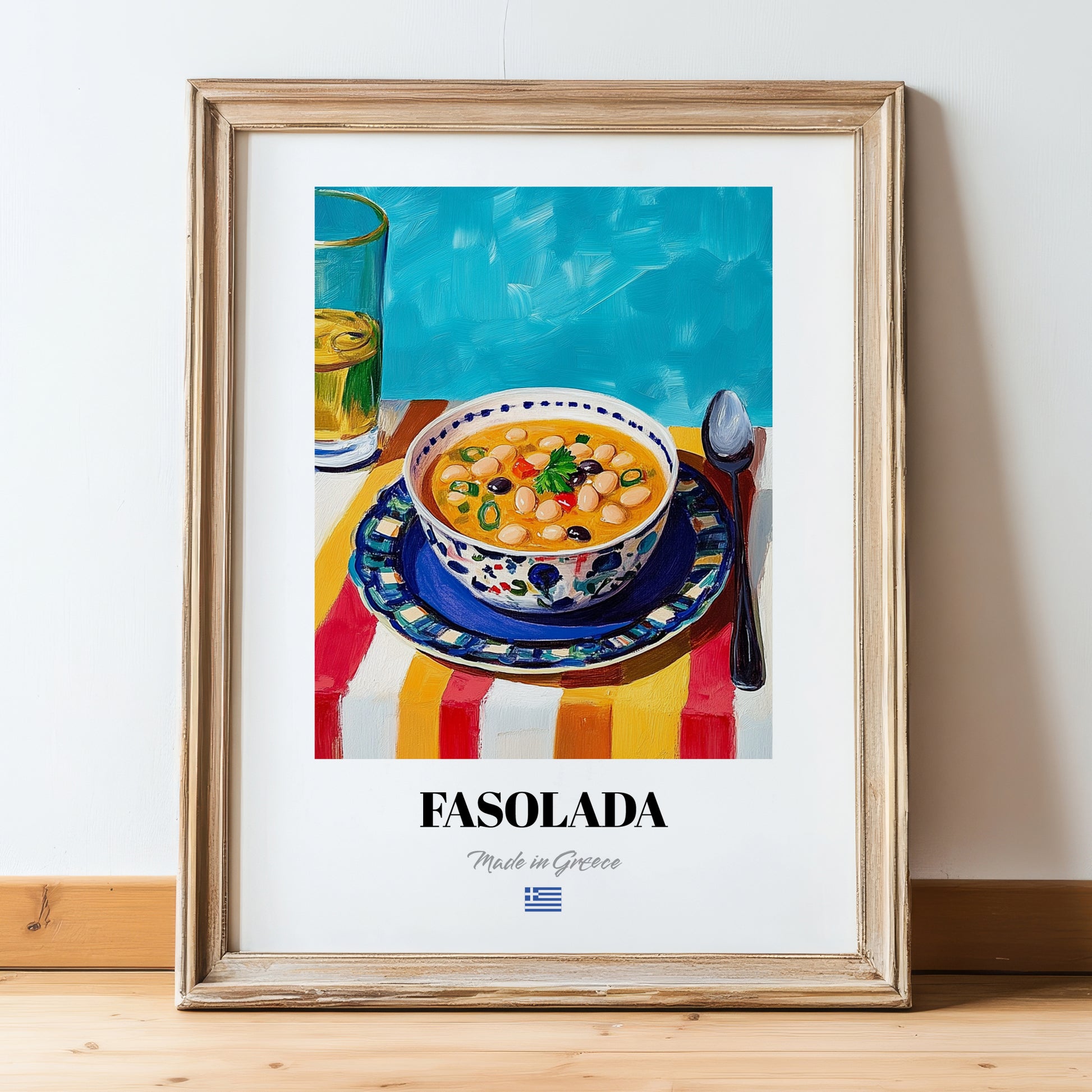 Fasolada – Art, Greek Food Wall Art, in wooden frame leaning on the floor