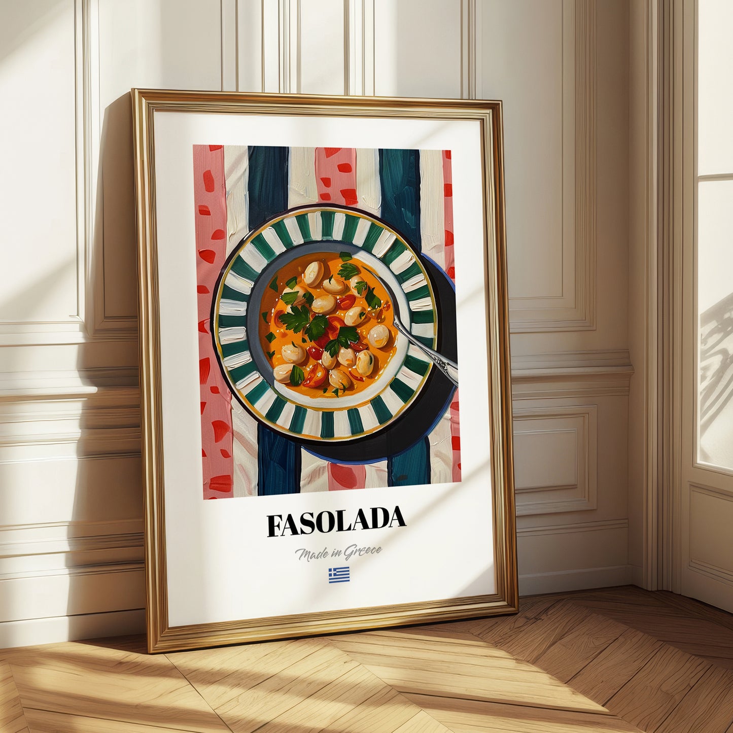 Fasolada – on Striped Tablecloth, Greek Food Poster