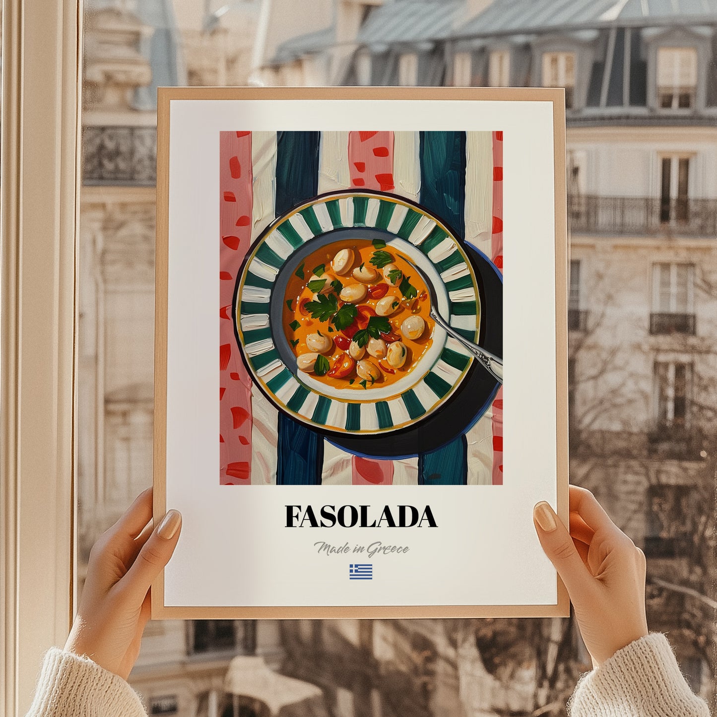 Fasolada – on Striped Tablecloth, Greek Food Poster, styled in a charming Paris street view