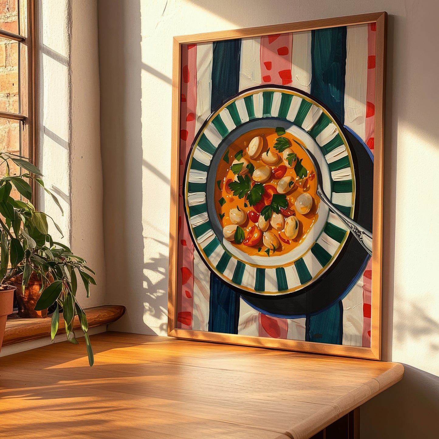 Fasolada – on Striped Tablecloth, Greek Food Poster, clean layout with no caption