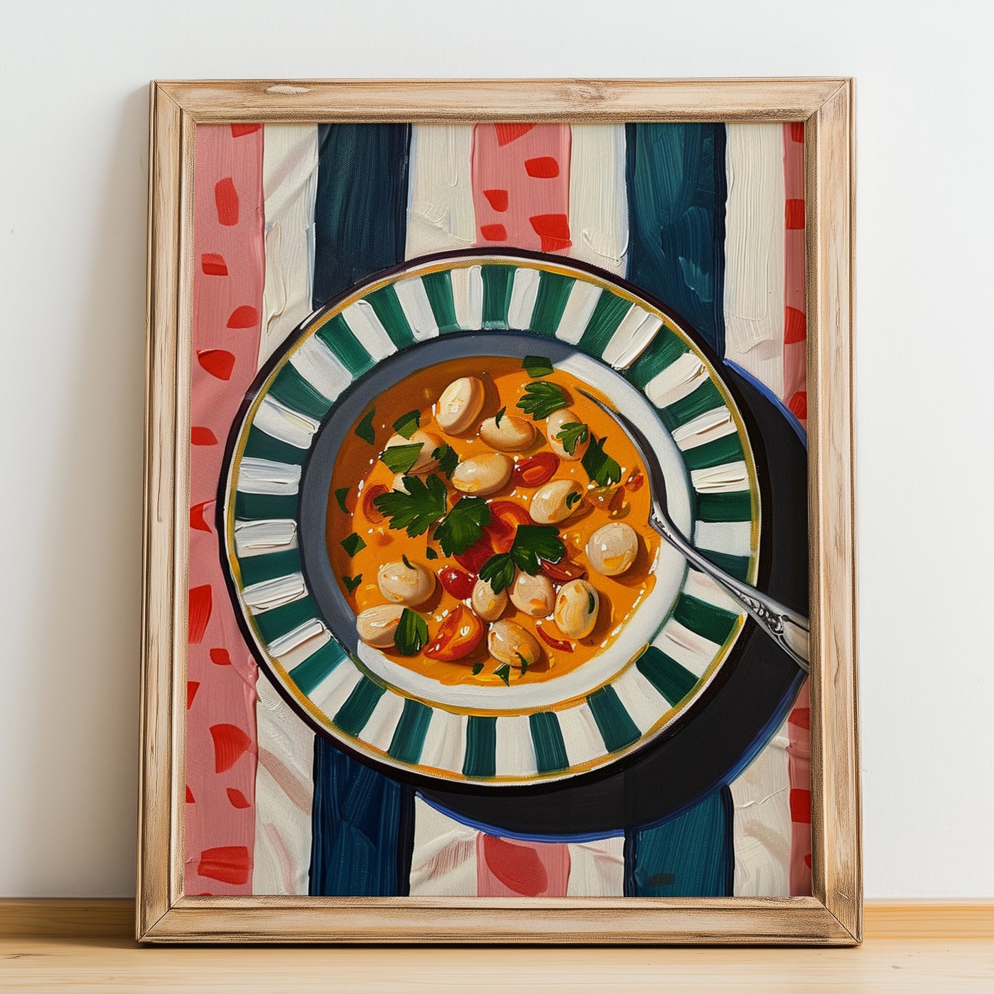 Fasolada – on Striped Tablecloth, Greek Food Poster, no-text version framed in wood