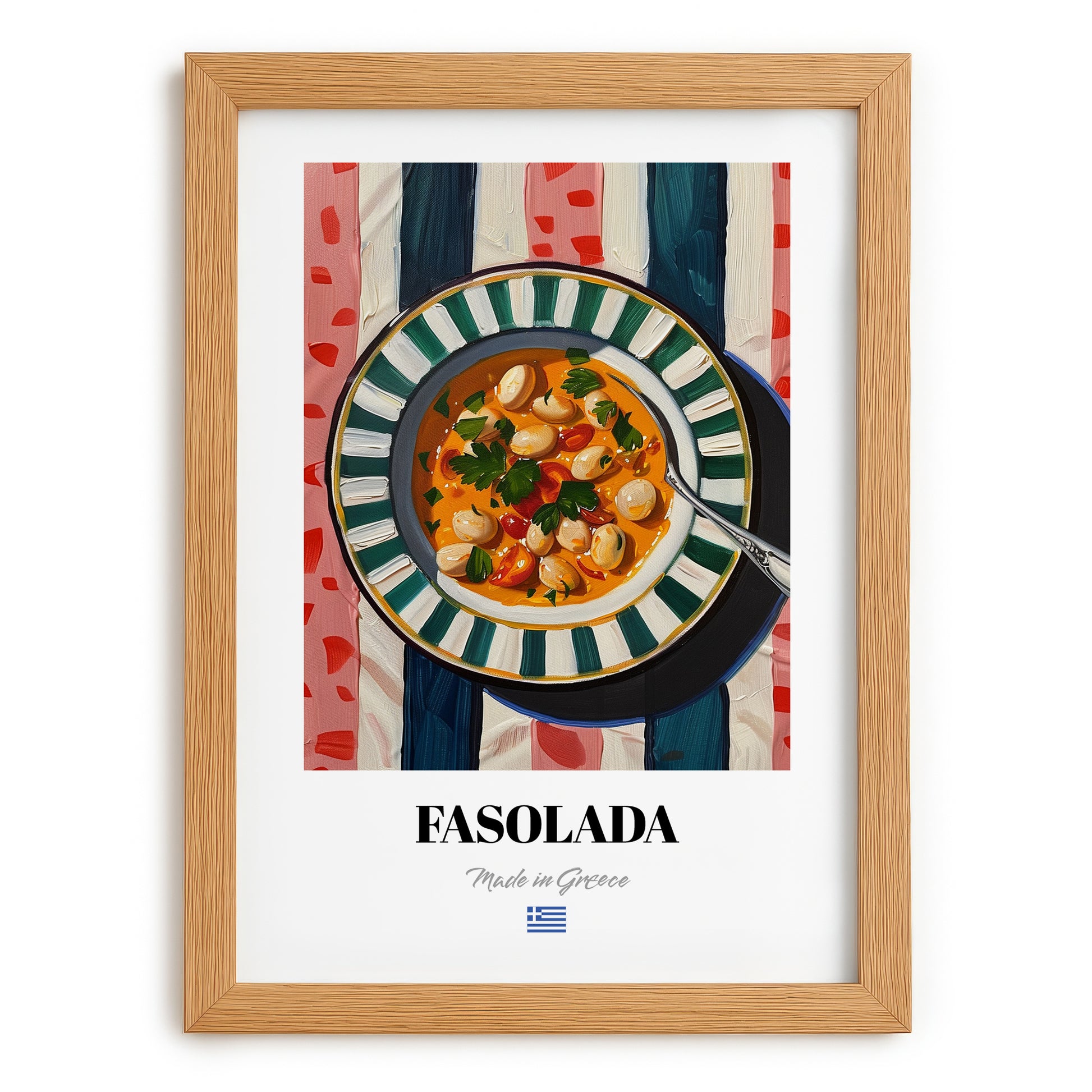 Fasolada – on Striped Tablecloth, Greek Food Poster, set in oak frame