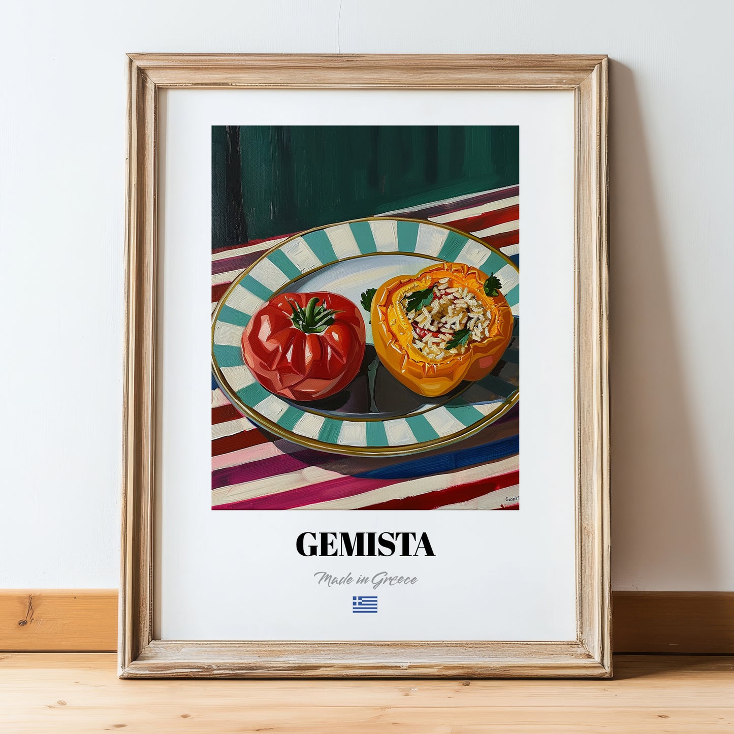 Gemista – on Striped Tablecloth, Greek Food Painting, in wooden frame leaning on the floor