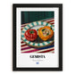 Gemista – on Striped Tablecloth, Greek Food Painting, in sleek black frame