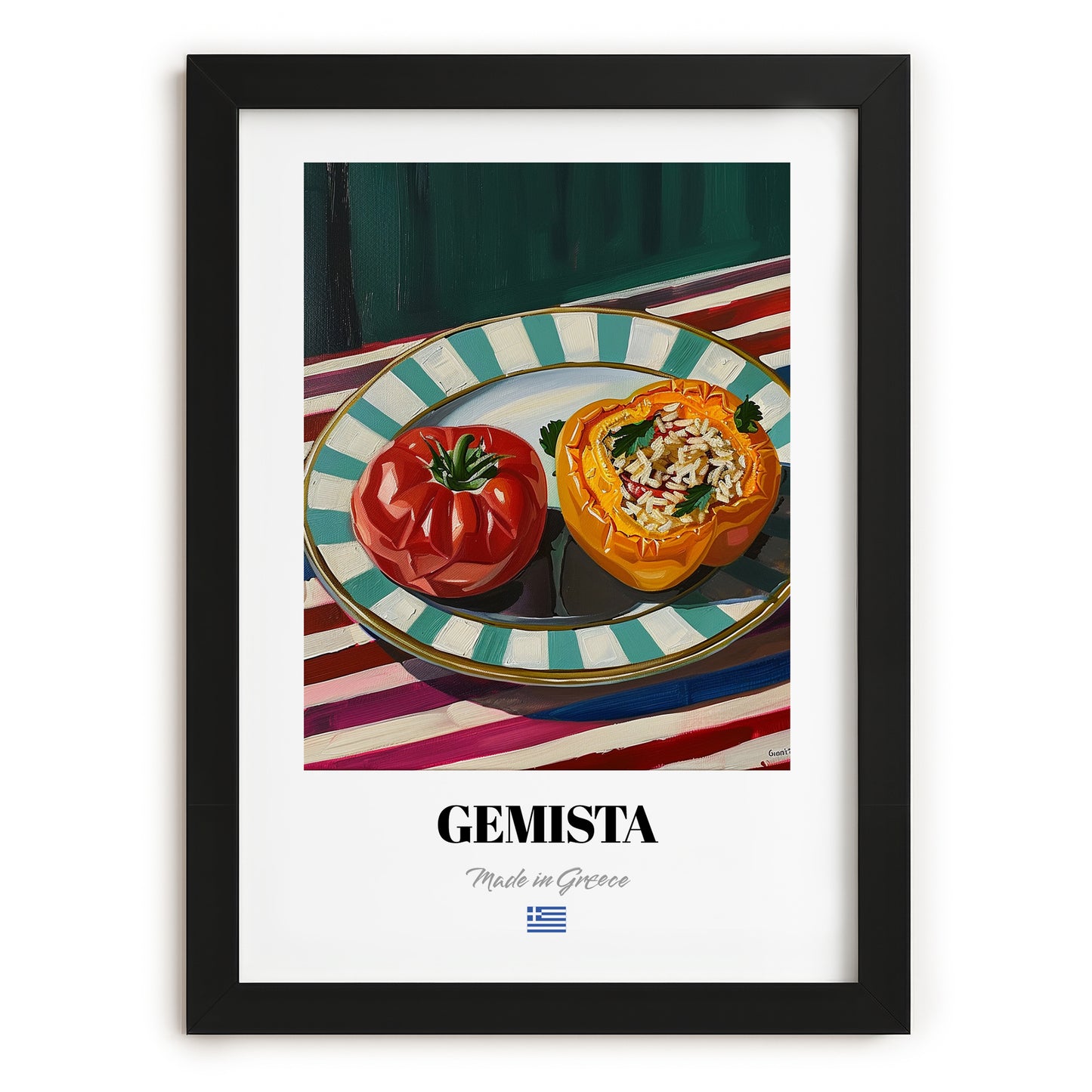 Gemista – on Striped Tablecloth, Greek Food Painting, in sleek black frame