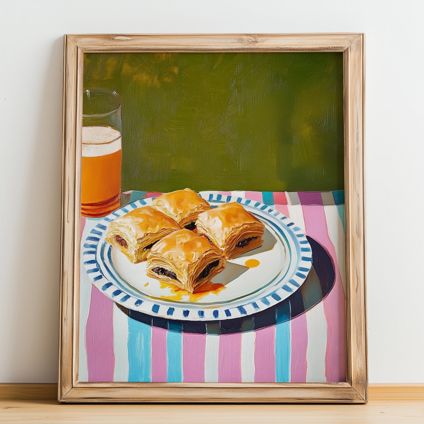 Baklava – Oil Painting, Greek Dessert Illustration, no-text version framed in wood