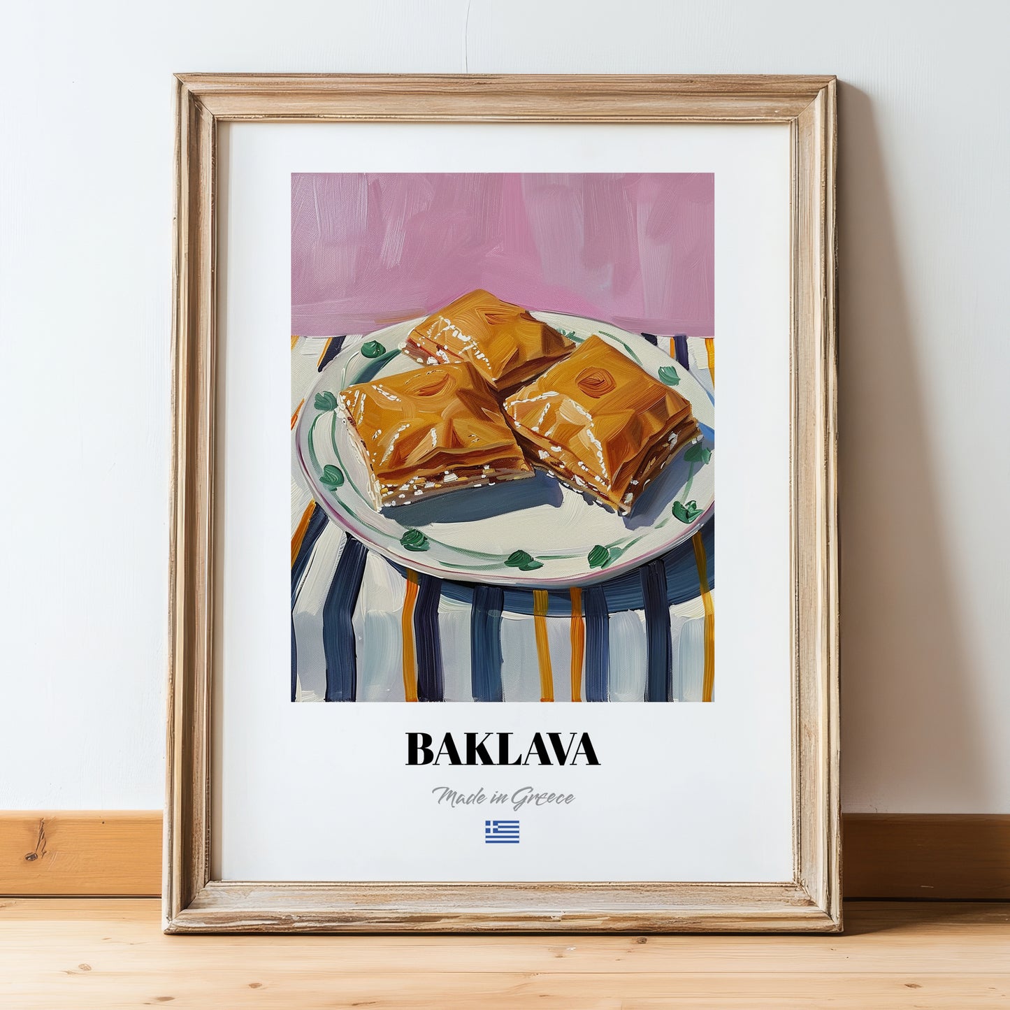 Baklava – on Striped Tablecloth, Greek Dessert Illustration, in wooden frame leaning on the floor