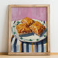 Baklava – on Striped Tablecloth, Greek Dessert Illustration, no-text version framed in wood