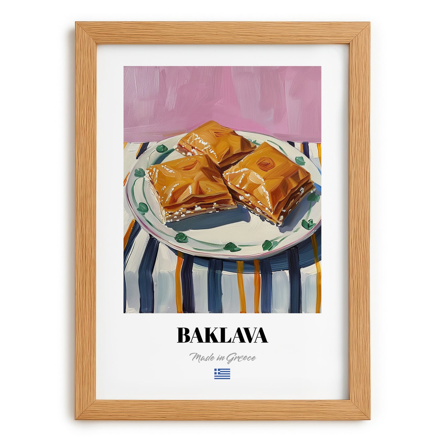 Baklava – on Striped Tablecloth, Greek Dessert Illustration, set in oak frame