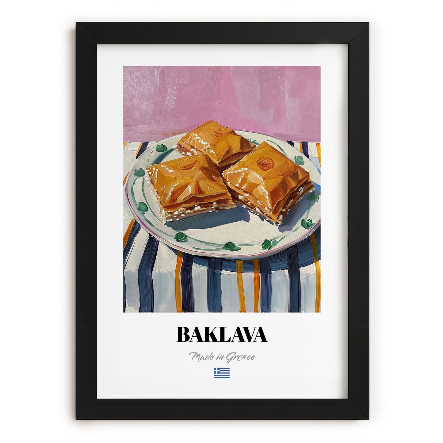 Baklava – on Striped Tablecloth, Greek Dessert Illustration, in sleek black frame