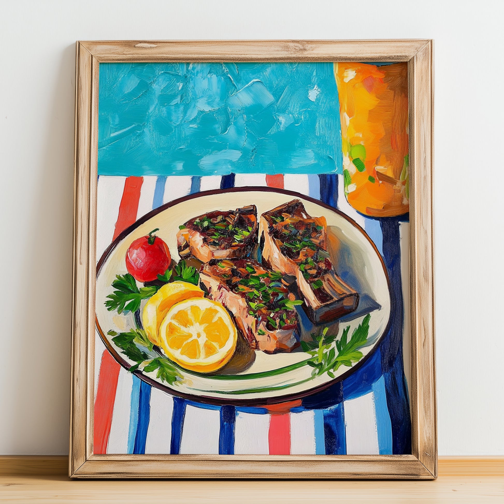Kleftiko – Colorful Oil Painting, Greek Food Painting, no-text version framed in wood