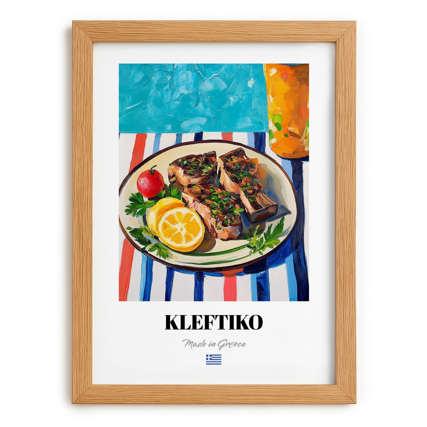 Kleftiko – Colorful Oil Painting, Greek Food Painting, set in oak frame