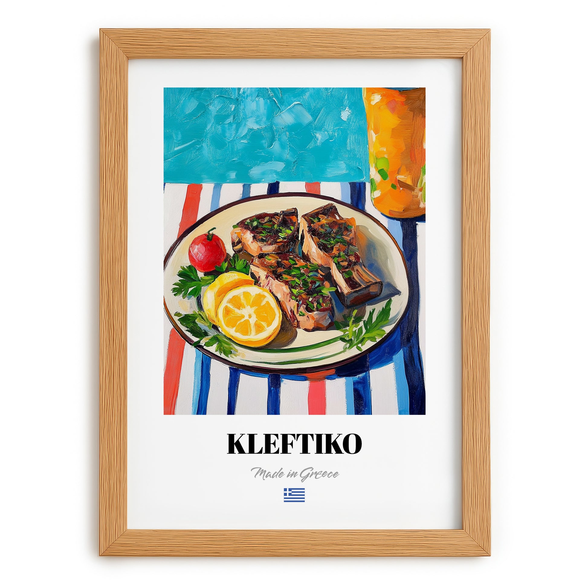 Kleftiko – Colorful Oil Painting, Greek Food Painting, set in oak frame