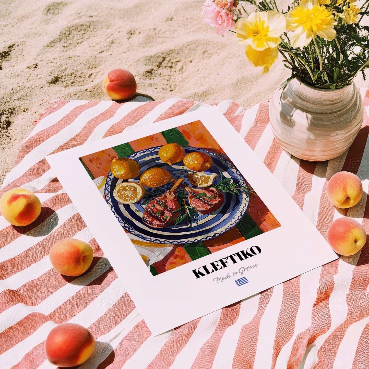 Kleftiko – Colorful Oil Painting, Greek Food Painting, unframed on coastal sand