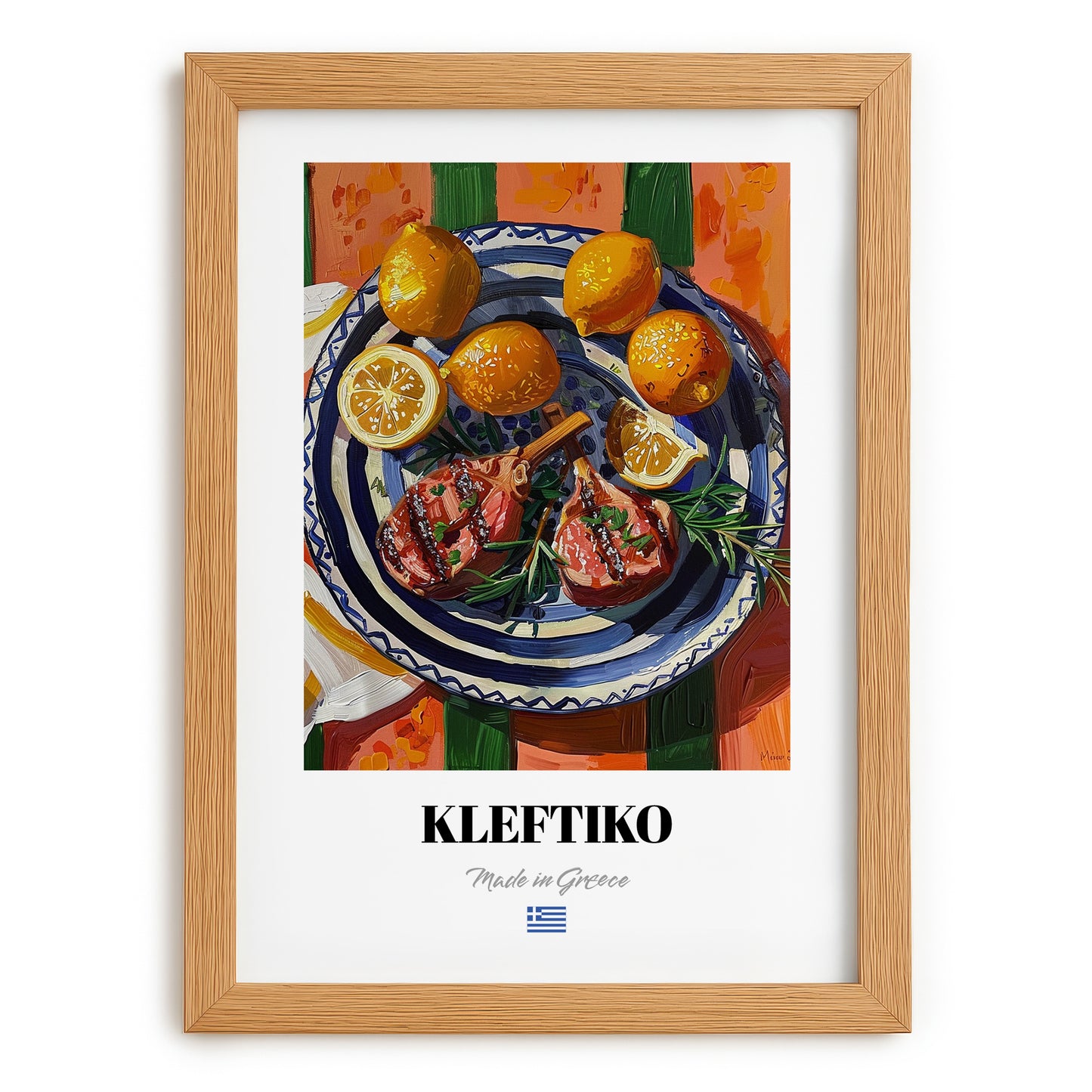 Kleftiko – Colorful Oil Painting, Greek Food Painting, set in oak frame