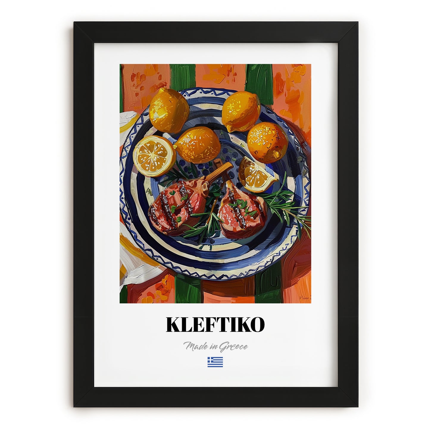 Kleftiko – Colorful Oil Painting, Greek Food Painting, in sleek black frame