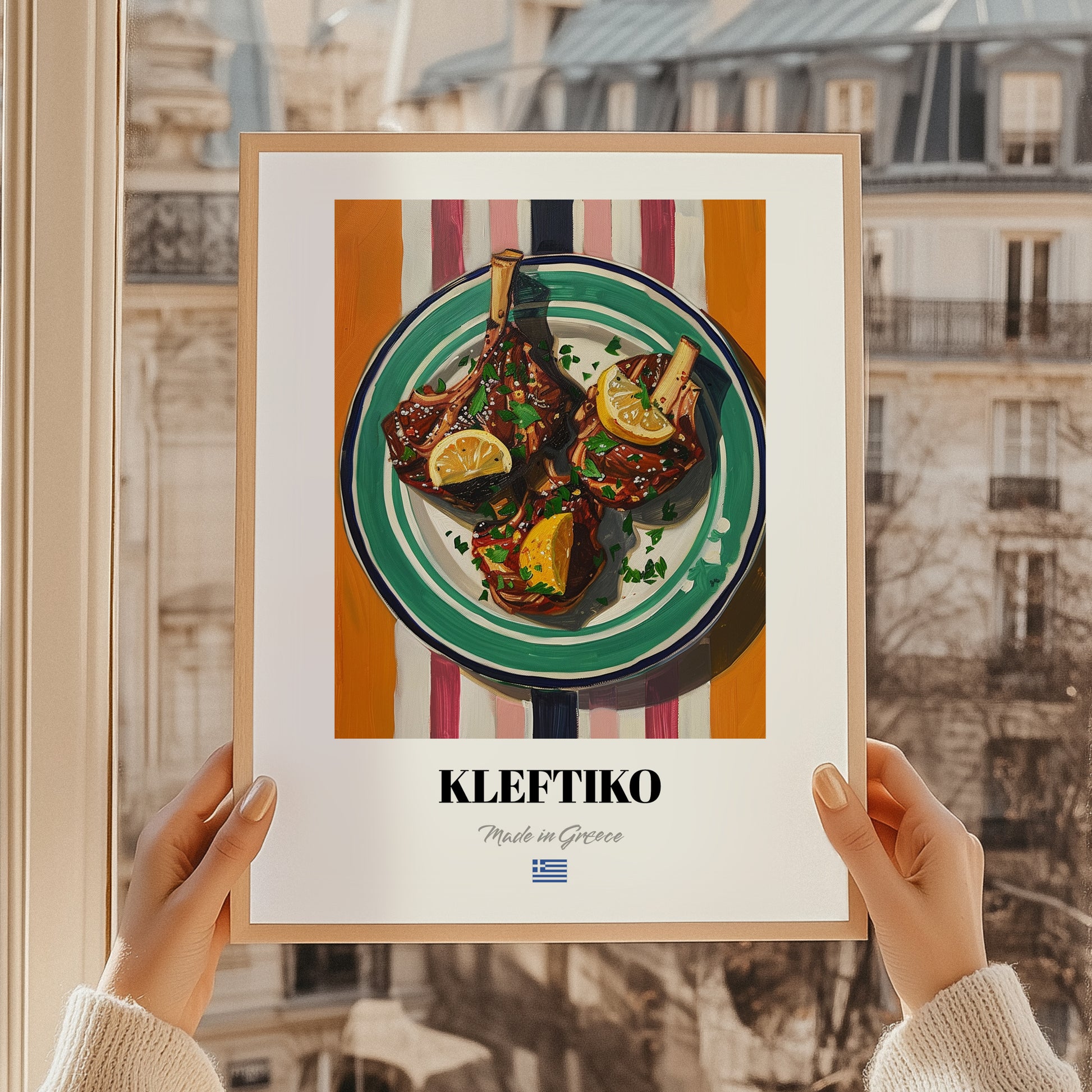 Kleftiko – on Striped Tablecloth, Greek Food Illustration, styled in a charming Paris street view